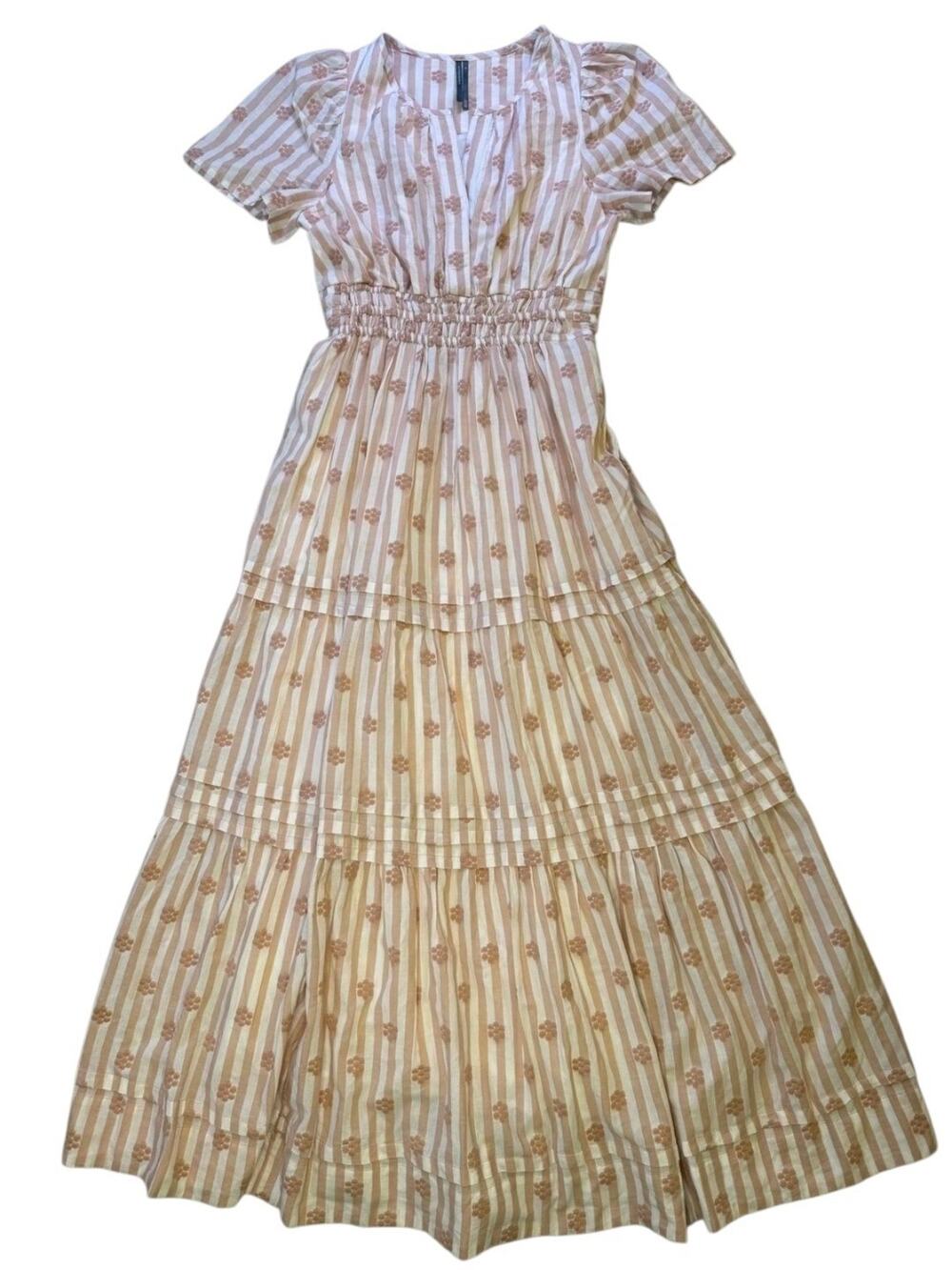 Anthropologie White Beige Somerset Embroidered Tiered Maxi Dress Boho Women Sz S